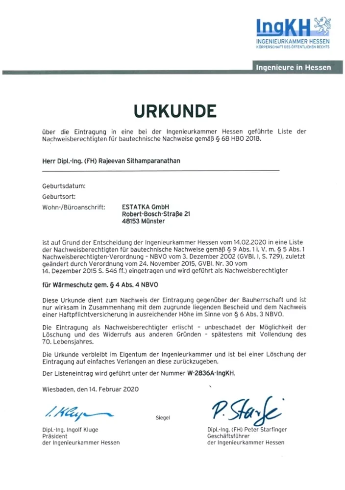 Urkunde Waermeschutz Ingenieurkammer Hessen